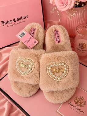 Juicy Couture FauxFur Slide Slippers Huckleberry with PearlHeart Embellishment
